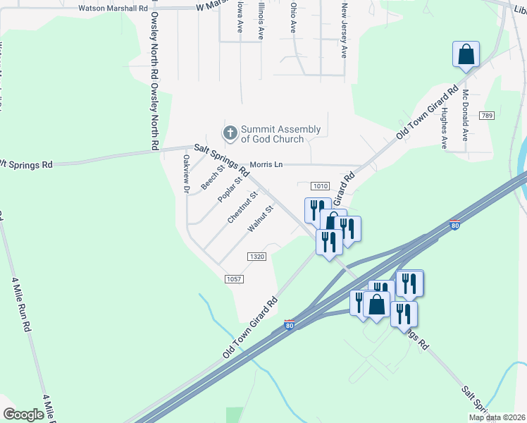map of restaurants, bars, coffee shops, grocery stores, and more near 2608 Walnut Street in Girard