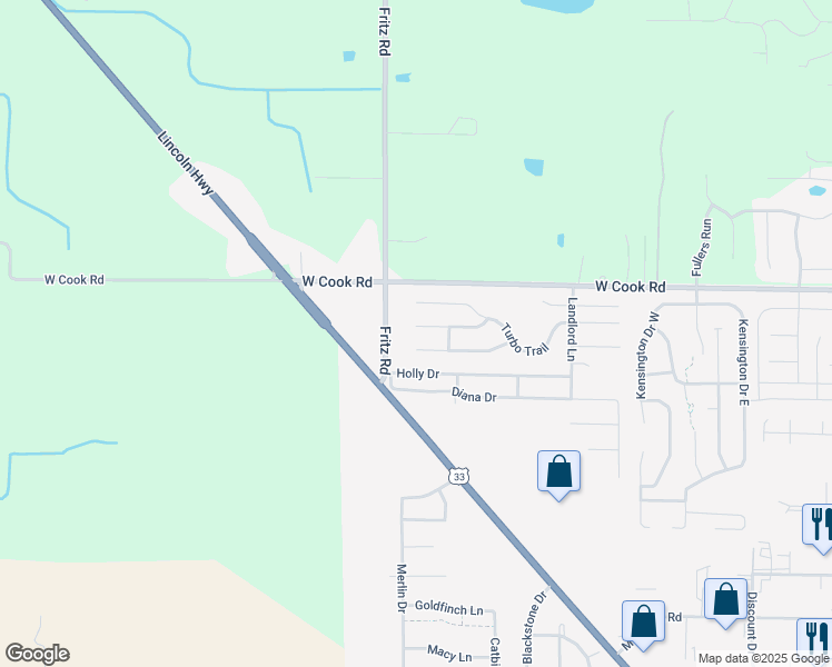 map of restaurants, bars, coffee shops, grocery stores, and more near 5227 Coronet Court in Fort Wayne