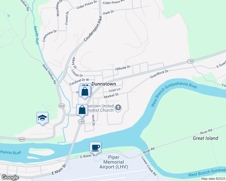 map of restaurants, bars, coffee shops, grocery stores, and more near Crist Lane in Lock Haven