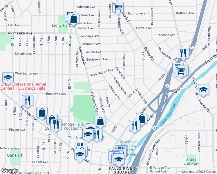 map of restaurants, bars, coffee shops, grocery stores, and more near 241 Roosevelt Avenue in Cuyahoga Falls