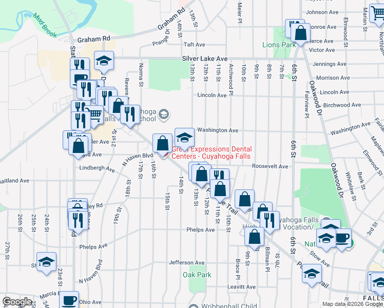 map of restaurants, bars, coffee shops, grocery stores, and more near 2630 13th Street in Cuyahoga Falls