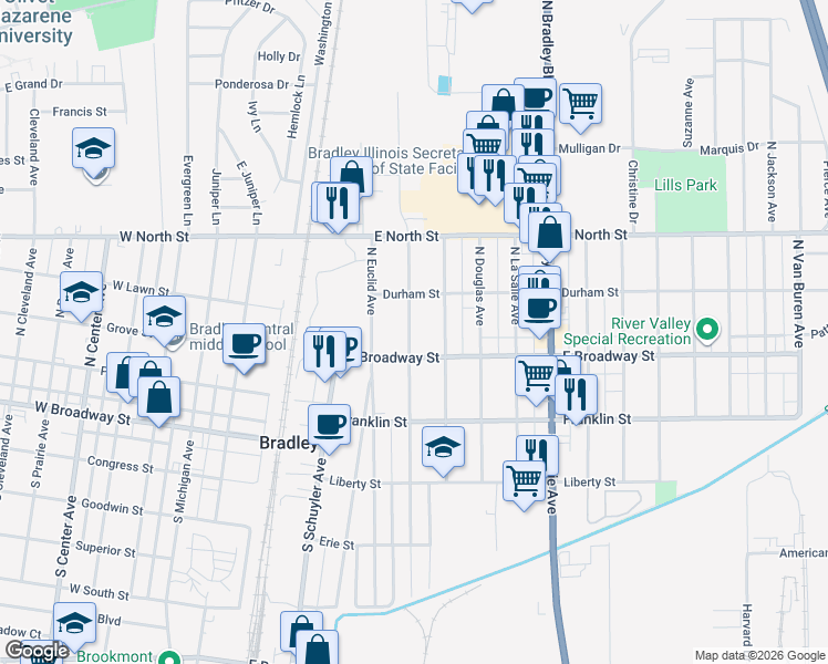 map of restaurants, bars, coffee shops, grocery stores, and more near 136 North Fulton Avenue in Bradley