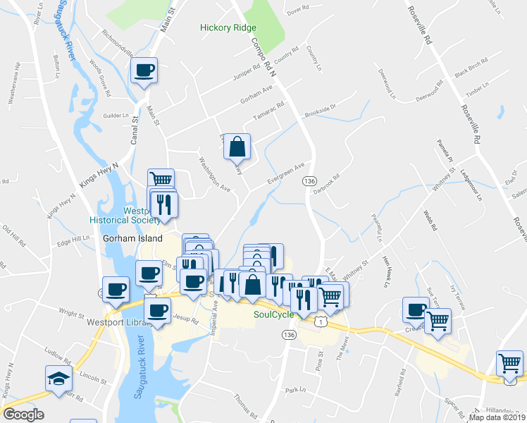 map of restaurants, bars, coffee shops, grocery stores, and more near 20 Evergreen Avenue in Westport