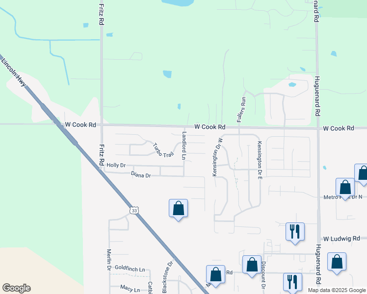 map of restaurants, bars, coffee shops, grocery stores, and more near 7221 Landlord Lane in Fort Wayne