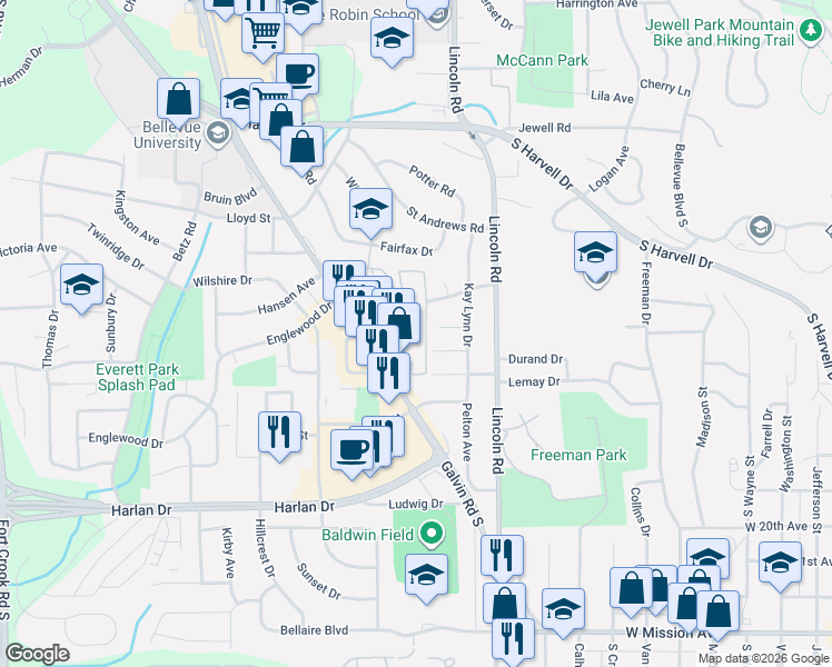 map of restaurants, bars, coffee shops, grocery stores, and more near 16 Lee Drive in Bellevue