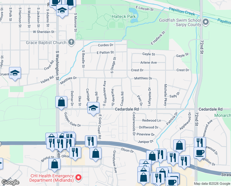 map of restaurants, bars, coffee shops, grocery stores, and more near 1112 Coach Road in Papillion