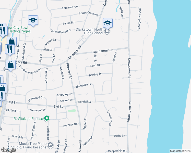 map of restaurants, bars, coffee shops, grocery stores, and more near 11 Bradley Drive in New City