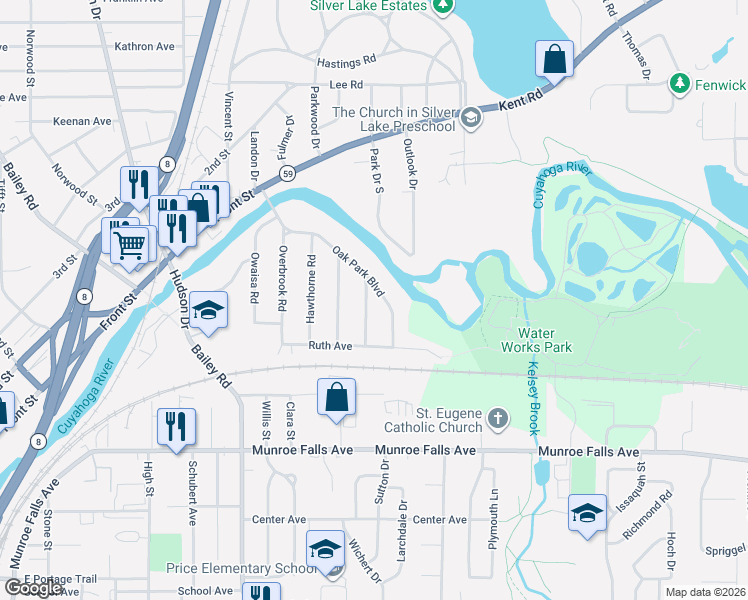map of restaurants, bars, coffee shops, grocery stores, and more near 2627 Sylvan Road in Cuyahoga Falls