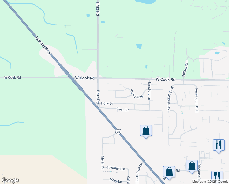 map of restaurants, bars, coffee shops, grocery stores, and more near 5207 Riding Pass in Fort Wayne