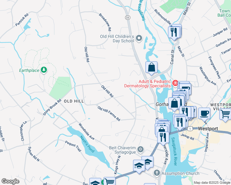 map of restaurants, bars, coffee shops, grocery stores, and more near 20 Old Hill Road in Westport