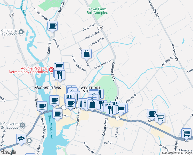 map of restaurants, bars, coffee shops, grocery stores, and more near 20 Evergreen Avenue in Westport