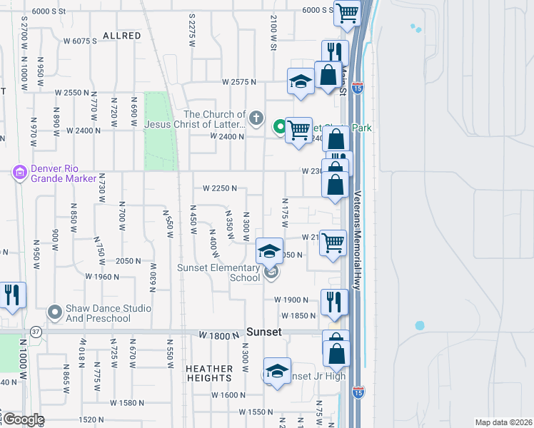 map of restaurants, bars, coffee shops, grocery stores, and more near 2150 North 250 West in Sunset