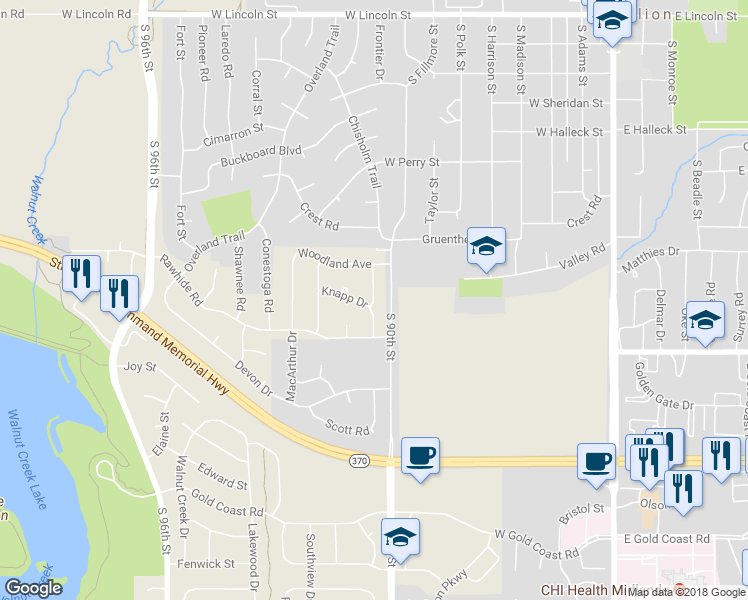 map of restaurants, bars, coffee shops, grocery stores, and more near 1106 Locust Avenue in Papillion