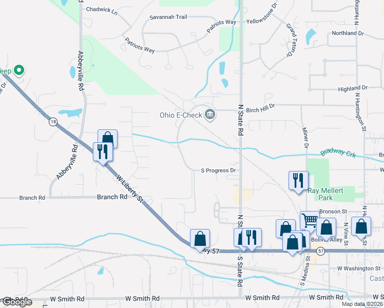 map of restaurants, bars, coffee shops, grocery stores, and more near 775 South Progress Drive in Medina