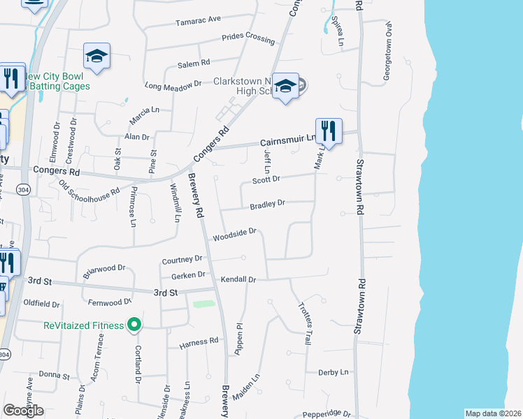 map of restaurants, bars, coffee shops, grocery stores, and more near 11 Bradley Drive in New City