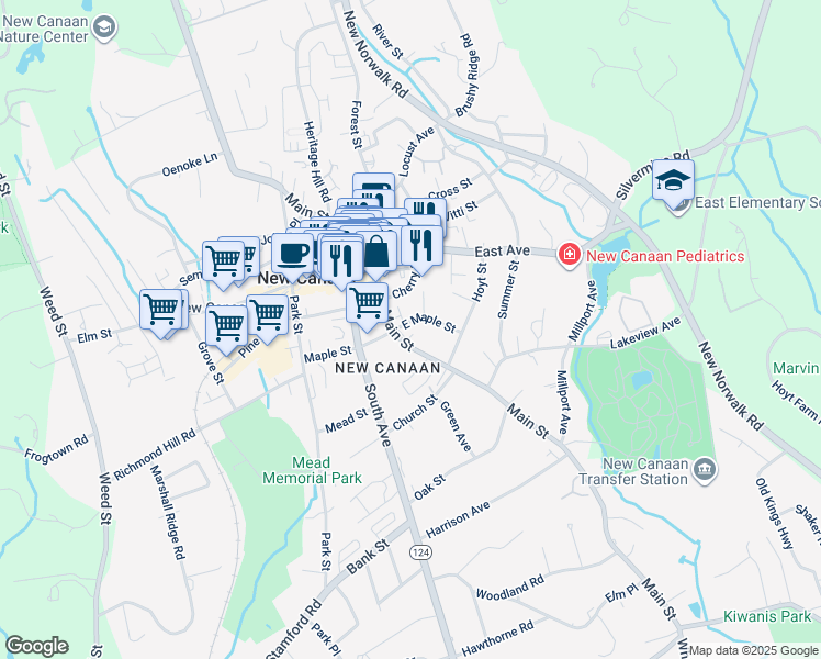 map of restaurants, bars, coffee shops, grocery stores, and more near 11 East Maple Street in New Canaan