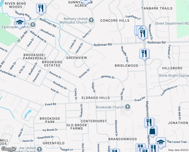 map of restaurants, bars, coffee shops, grocery stores, and more near 7008 Salge Drive in Fort Wayne