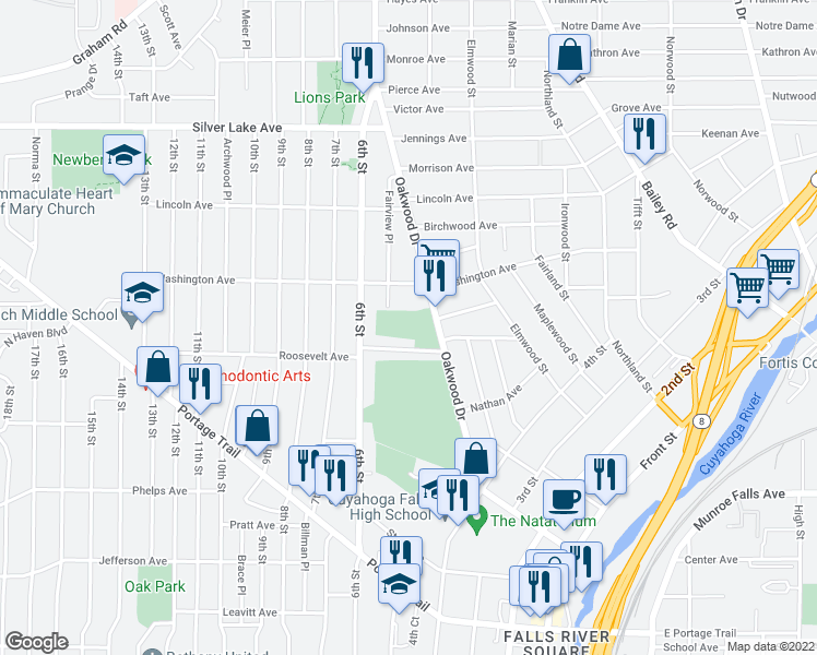 map of restaurants, bars, coffee shops, grocery stores, and more near 2610 Oakwood Drive in Cuyahoga Falls