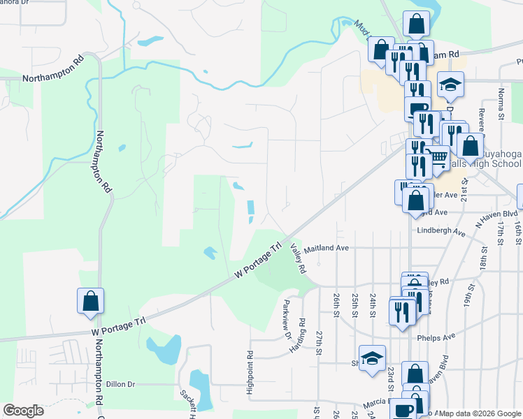 map of restaurants, bars, coffee shops, grocery stores, and more near 2810 Valley Road in Cuyahoga Falls