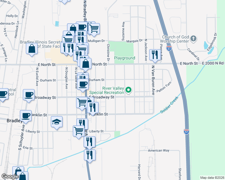 map of restaurants, bars, coffee shops, grocery stores, and more near 1141 East Broadway Street in Bradley