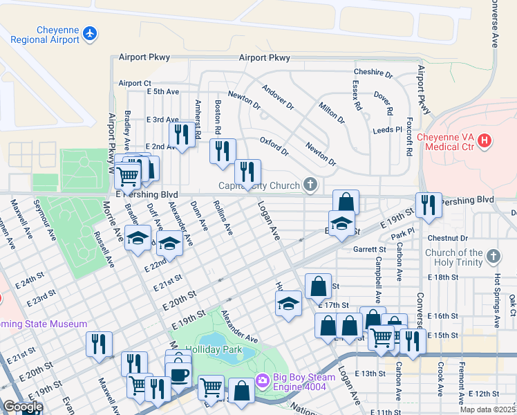 map of restaurants, bars, coffee shops, grocery stores, and more near 1608 East 22nd Street in Cheyenne