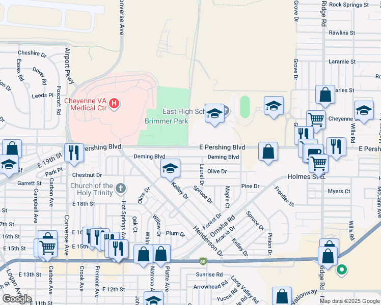 map of restaurants, bars, coffee shops, grocery stores, and more near 2720 Deming Boulevard in Cheyenne