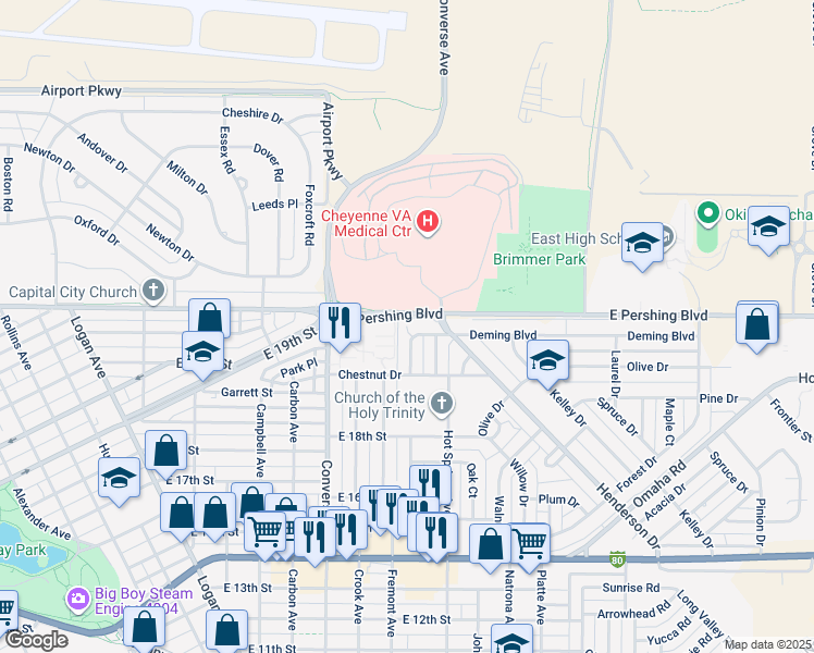 map of restaurants, bars, coffee shops, grocery stores, and more near 2532 Deming Boulevard in Cheyenne