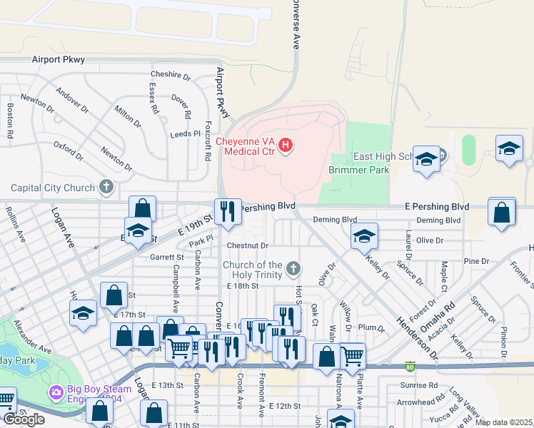 map of restaurants, bars, coffee shops, grocery stores, and more near 2532 Deming Boulevard in Cheyenne