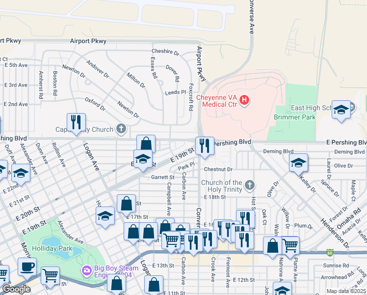 map of restaurants, bars, coffee shops, grocery stores, and more near 2214 East 19th Street in Cheyenne