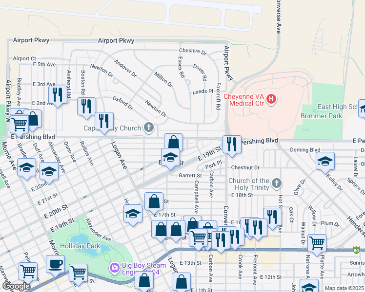 map of restaurants, bars, coffee shops, grocery stores, and more near 1907 East 22nd Street in Cheyenne