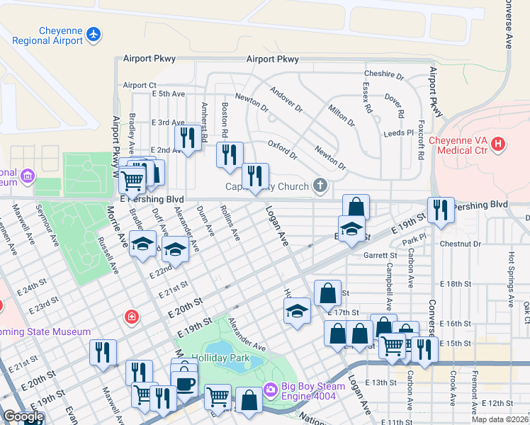 map of restaurants, bars, coffee shops, grocery stores, and more near 1608 East 22nd Street in Cheyenne