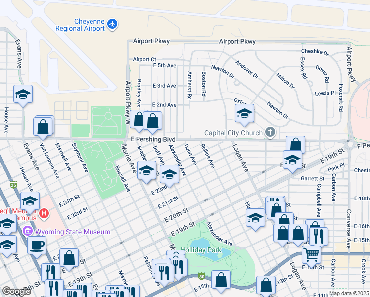 map of restaurants, bars, coffee shops, grocery stores, and more near 2315 Alexander Avenue in Cheyenne