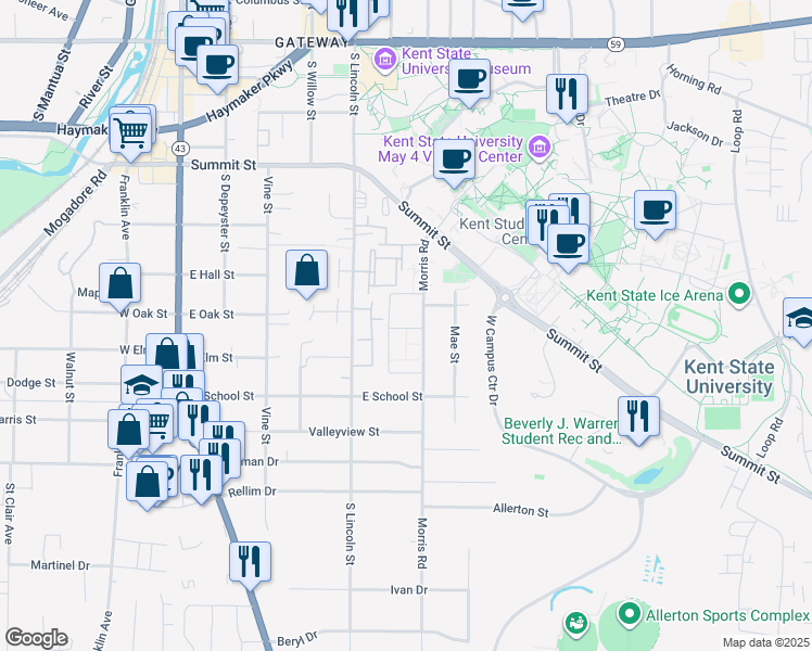 map of restaurants, bars, coffee shops, grocery stores, and more near 936 Morris Road in Kent