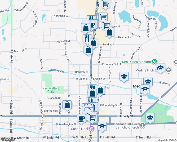 map of restaurants, bars, coffee shops, grocery stores, and more near 526 North Court Street in Medina
