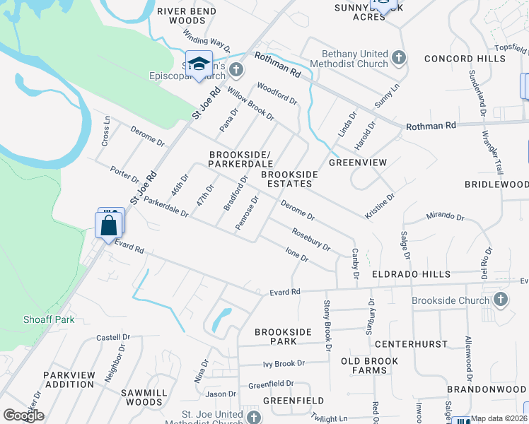 map of restaurants, bars, coffee shops, grocery stores, and more near 4928 Rosebury Dr in Fort Wayne