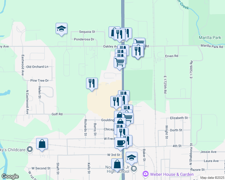 map of restaurants, bars, coffee shops, grocery stores, and more near 24 Dannys Drive in Streator