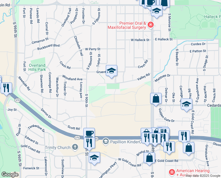 map of restaurants, bars, coffee shops, grocery stores, and more near 501 Valley Road in Papillion