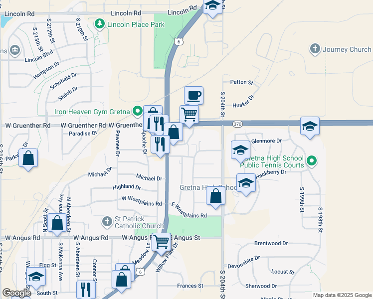 map of restaurants, bars, coffee shops, grocery stores, and more near 112 East Glenmore Drive in Gretna