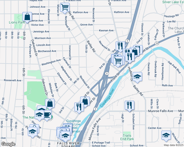 map of restaurants, bars, coffee shops, grocery stores, and more near 2612 3rd Street in Cuyahoga Falls