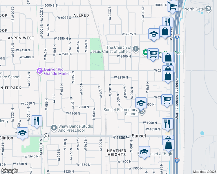 map of restaurants, bars, coffee shops, grocery stores, and more near 2163 North 450 West in Sunset