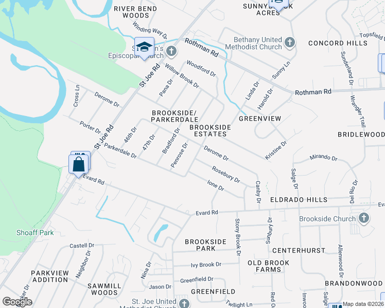 map of restaurants, bars, coffee shops, grocery stores, and more near 4928 Rosebury Dr in Fort Wayne