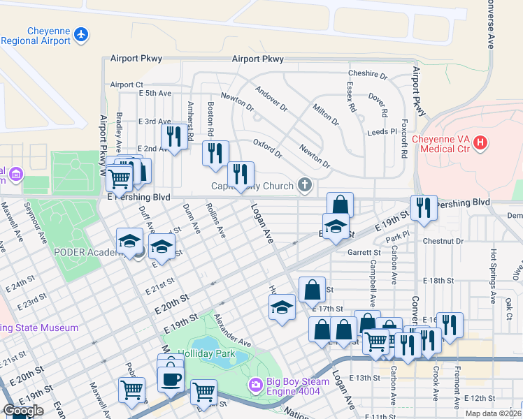 map of restaurants, bars, coffee shops, grocery stores, and more near 1700 East 22nd Street in Cheyenne