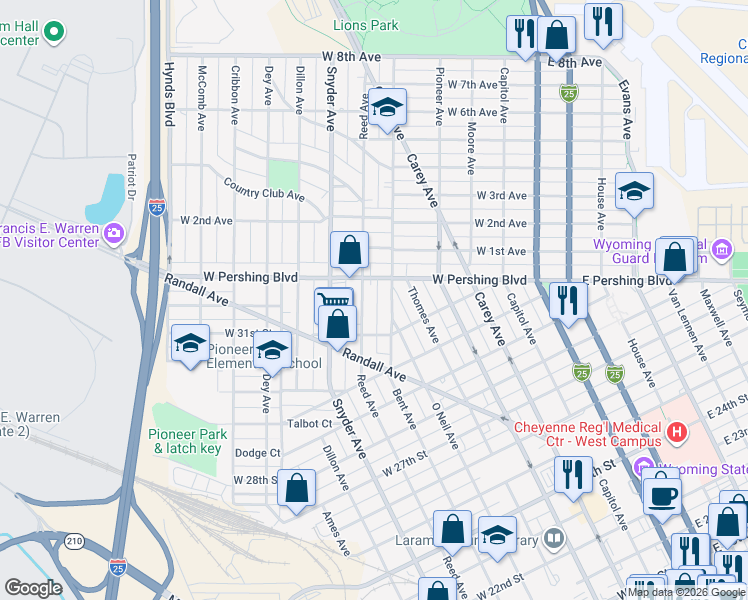 map of restaurants, bars, coffee shops, grocery stores, and more near 3118 Bent Avenue in Cheyenne