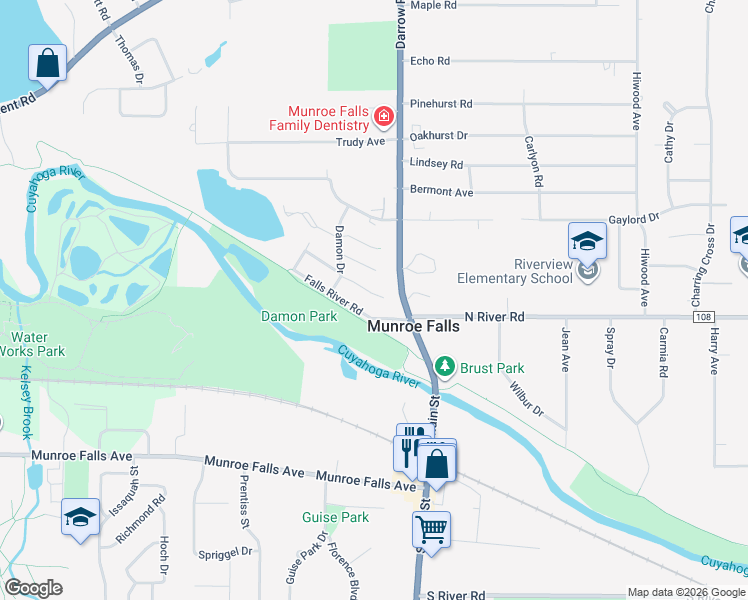 map of restaurants, bars, coffee shops, grocery stores, and more near 69 Falling Water Circle in Munroe Falls