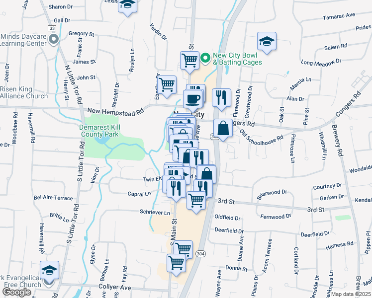 map of restaurants, bars, coffee shops, grocery stores, and more near 61 Maple Avenue in New City