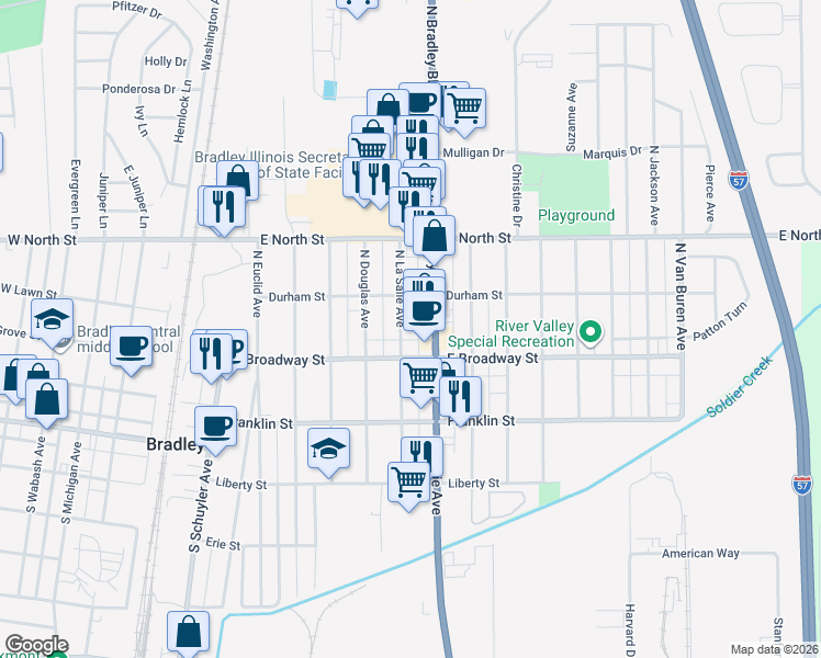 map of restaurants, bars, coffee shops, grocery stores, and more near 150 North La Salle Avenue in Bradley
