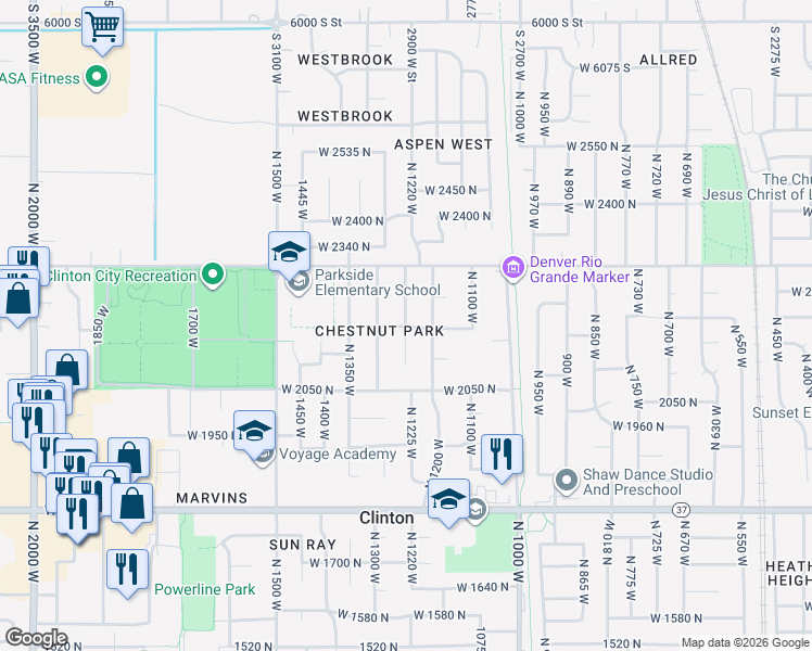 map of restaurants, bars, coffee shops, grocery stores, and more near 2200 North 1250 West in Clinton