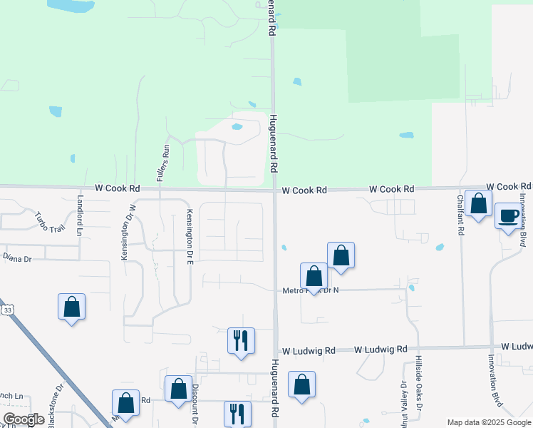 map of restaurants, bars, coffee shops, grocery stores, and more near 7350 Chippenham Drive in Fort Wayne