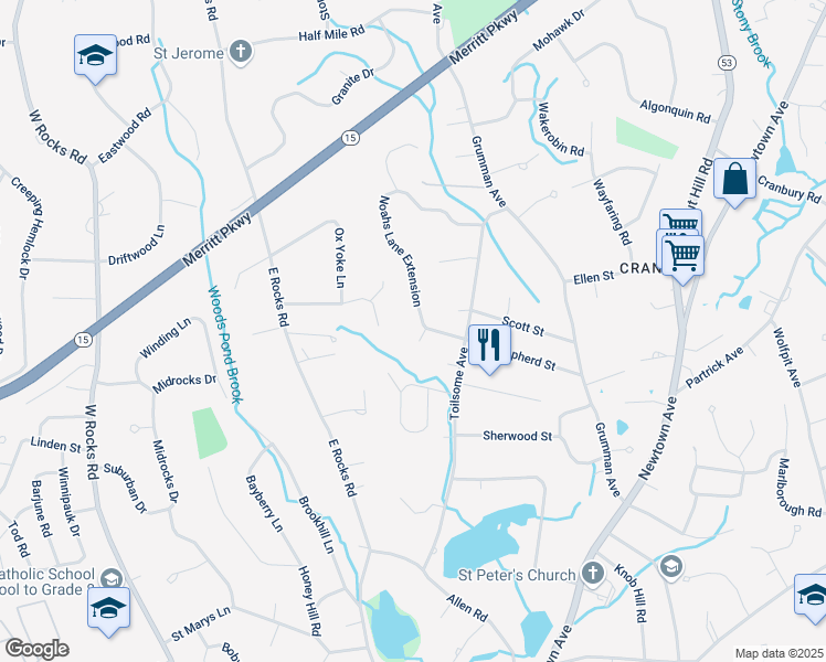 map of restaurants, bars, coffee shops, grocery stores, and more near 19 Noahs Lane in Norwalk