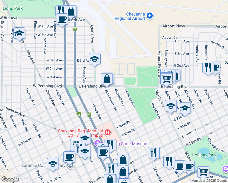 map of restaurants, bars, coffee shops, grocery stores, and more near 512 East 27th Street in Cheyenne